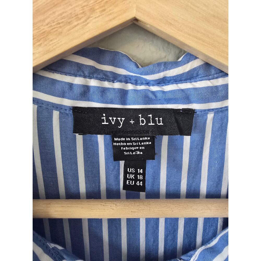 Ivy Blu Blue White Stripe Cotton Shirt Dress Belted High Low Size 14 Summer - Picture 4 of 9